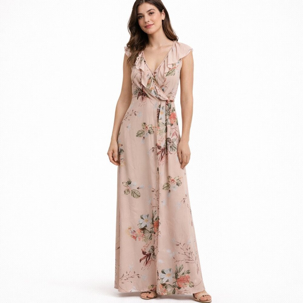 Plum Pretty Sugar Maxi Wrap Dress M/L Blush Floral Ruffle Rayon Boho Chic